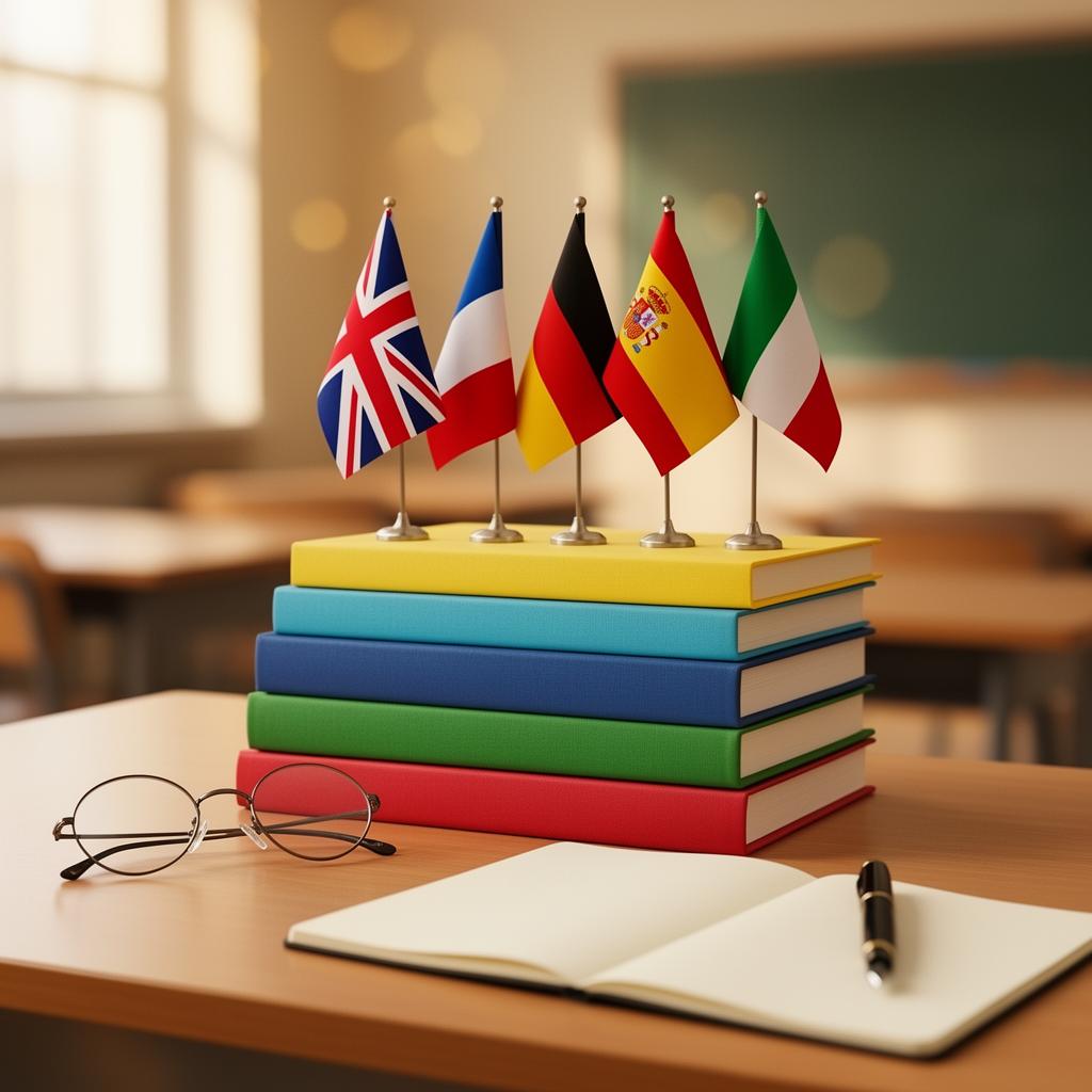 Books and language flags — English, French, German, Spanish, Italian